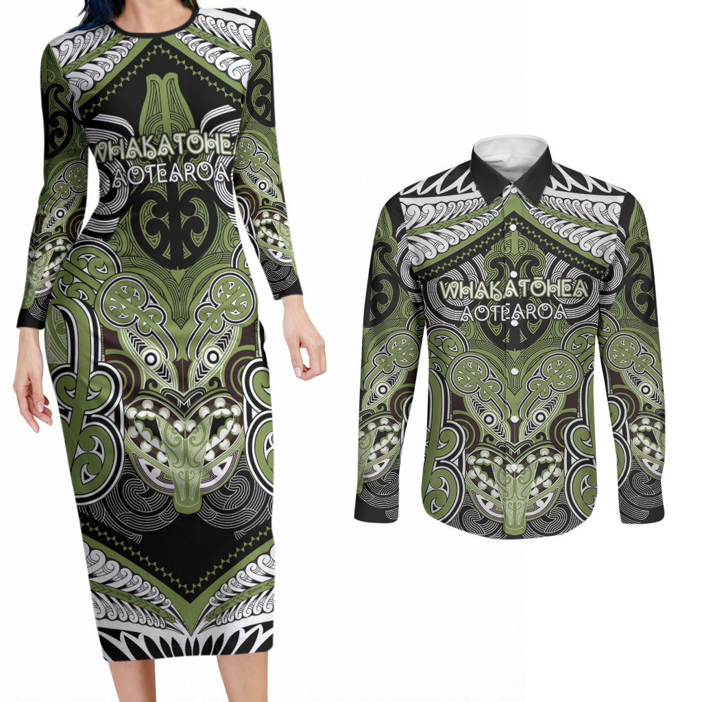 Aotearoa Iwi Whakatohea Personalised Couples Matching Long Sleeve Bodycon Dress and Long Sleeve Button Shirt Maori Kowhaiwhai Pattern LT19 Olive Green - Polynesian Pride