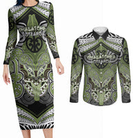 Aotearoa Iwi Whakatohea Personalised Couples Matching Long Sleeve Bodycon Dress and Long Sleeve Button Shirt Maori Kowhaiwhai Pattern LT19 Olive Green - Polynesian Pride