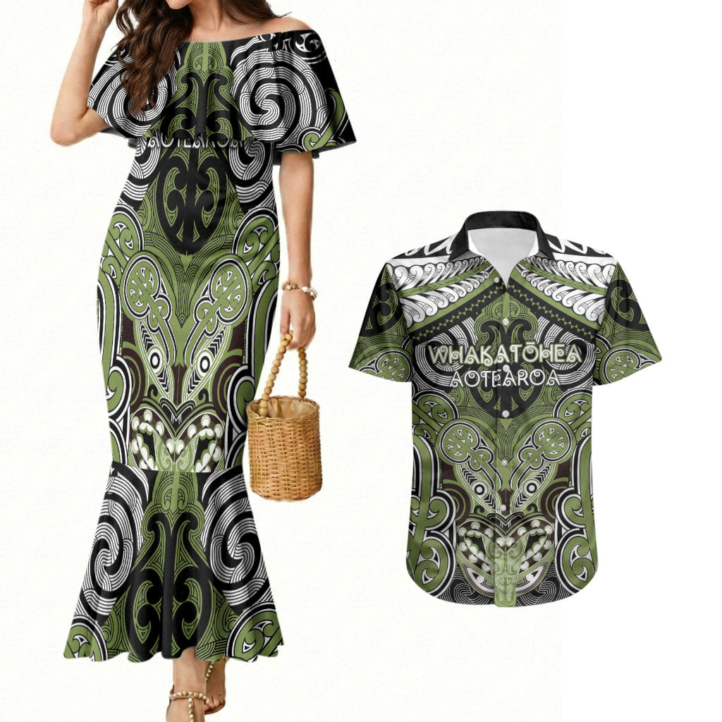 Aotearoa Iwi Whakatohea Personalised Couples Matching Mermaid Dress and Hawaiian Shirt Maori Kowhaiwhai Pattern LT19 Olive Green - Polynesian Pride