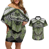 Aotearoa Iwi Whakatohea Personalised Couples Matching Off Shoulder Short Dress and Hawaiian Shirt Maori Kowhaiwhai Pattern LT19 Olive Green - Polynesian Pride