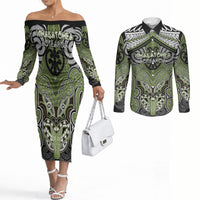 Aotearoa Iwi Whakatohea Personalised Couples Matching Off The Shoulder Long Sleeve Dress and Long Sleeve Button Shirt Maori Kowhaiwhai Pattern LT19 Olive Green - Polynesian Pride
