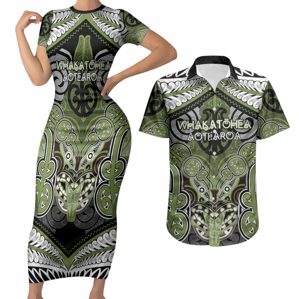 Aotearoa Iwi Whakatohea Personalised Couples Matching Short Sleeve Bodycon Dress and Hawaiian Shirt Maori Kowhaiwhai Pattern LT19 Olive Green - Polynesian Pride
