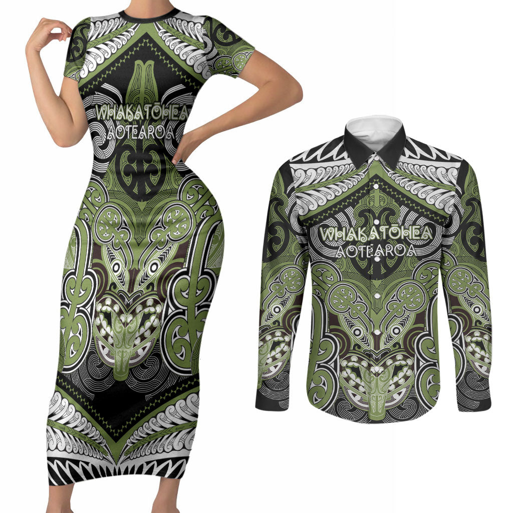 Aotearoa Iwi Whakatohea Personalised Couples Matching Short Sleeve Bodycon Dress and Long Sleeve Button Shirt Maori Kowhaiwhai Pattern LT19 Olive Green - Polynesian Pride