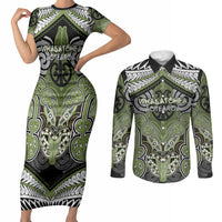 Aotearoa Iwi Whakatohea Personalised Couples Matching Short Sleeve Bodycon Dress and Long Sleeve Button Shirt Maori Kowhaiwhai Pattern LT19 Olive Green - Polynesian Pride