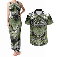 Aotearoa Iwi Whakatohea Personalised Couples Matching Tank Maxi Dress and Hawaiian Shirt Maori Kowhaiwhai Pattern LT19 Olive Green - Polynesian Pride