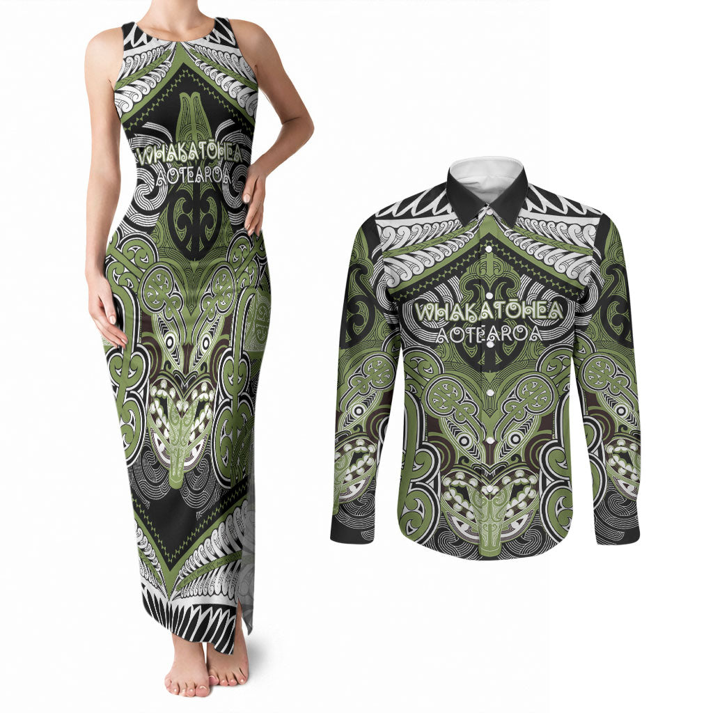 Aotearoa Iwi Whakatohea Personalised Couples Matching Tank Maxi Dress and Long Sleeve Button Shirt Maori Kowhaiwhai Pattern LT19 Olive Green - Polynesian Pride