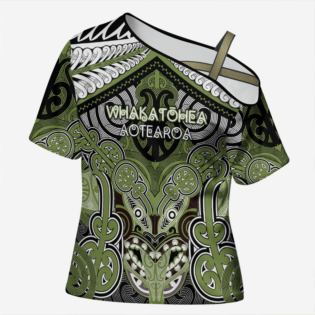 Aotearoa Iwi Whakatohea Personalised Cross Shoulder Shirt Maori Kowhaiwhai Pattern LT19 Female Olive Green - Polynesian Pride