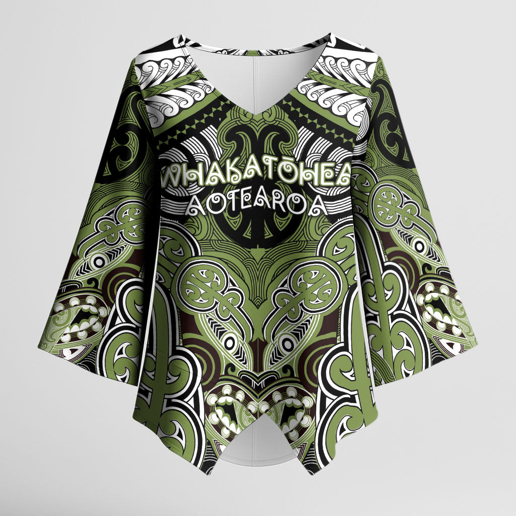 Aotearoa Iwi Whakatohea Personalised Kimono Sleeve Blouse Maori Kowhaiwhai Pattern LT19 Female Olive Green - Polynesian Pride