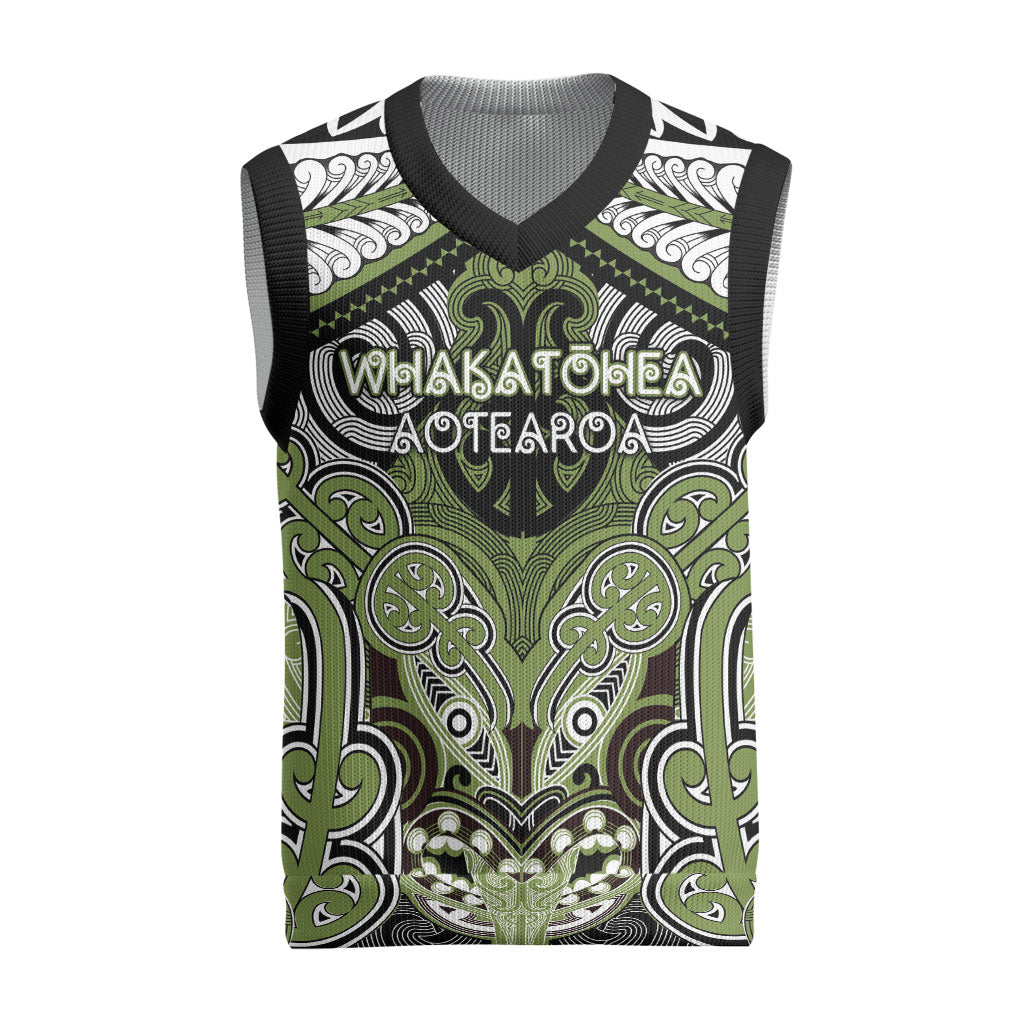 Aotearoa Iwi Whakatohea Personalised Christmas Knitted V-Neck Vest Maori Kowhaiwhai Pattern LT19 Olive Green - Polynesian Pride