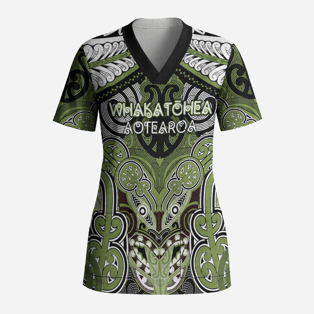 Aotearoa Iwi Whakatohea Personalised Scrub Top Maori Kowhaiwhai Pattern LT19 Adult Olive Green - Polynesian Pride