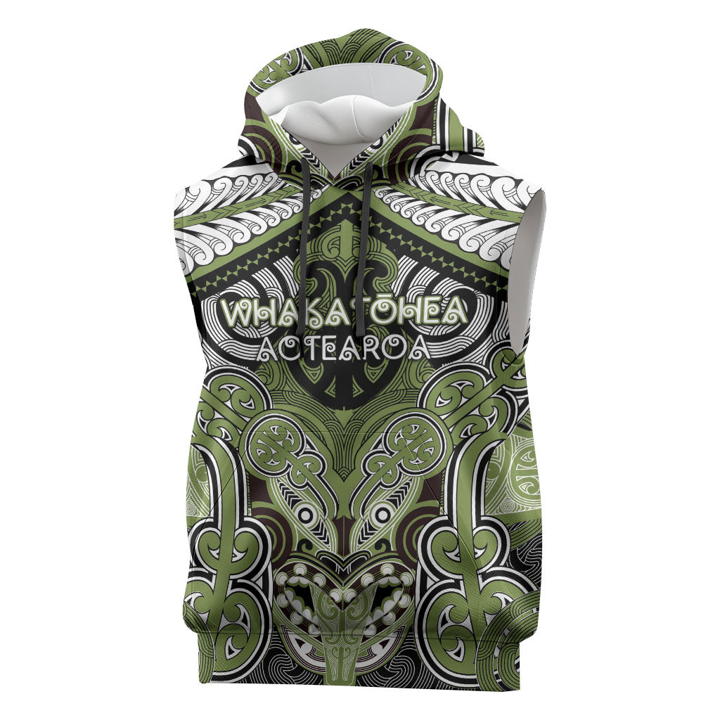 Aotearoa Iwi Whakatohea Personalised Sleeveless Hoodie Maori Kowhaiwhai Pattern LT19 Olive Green - Polynesian Pride