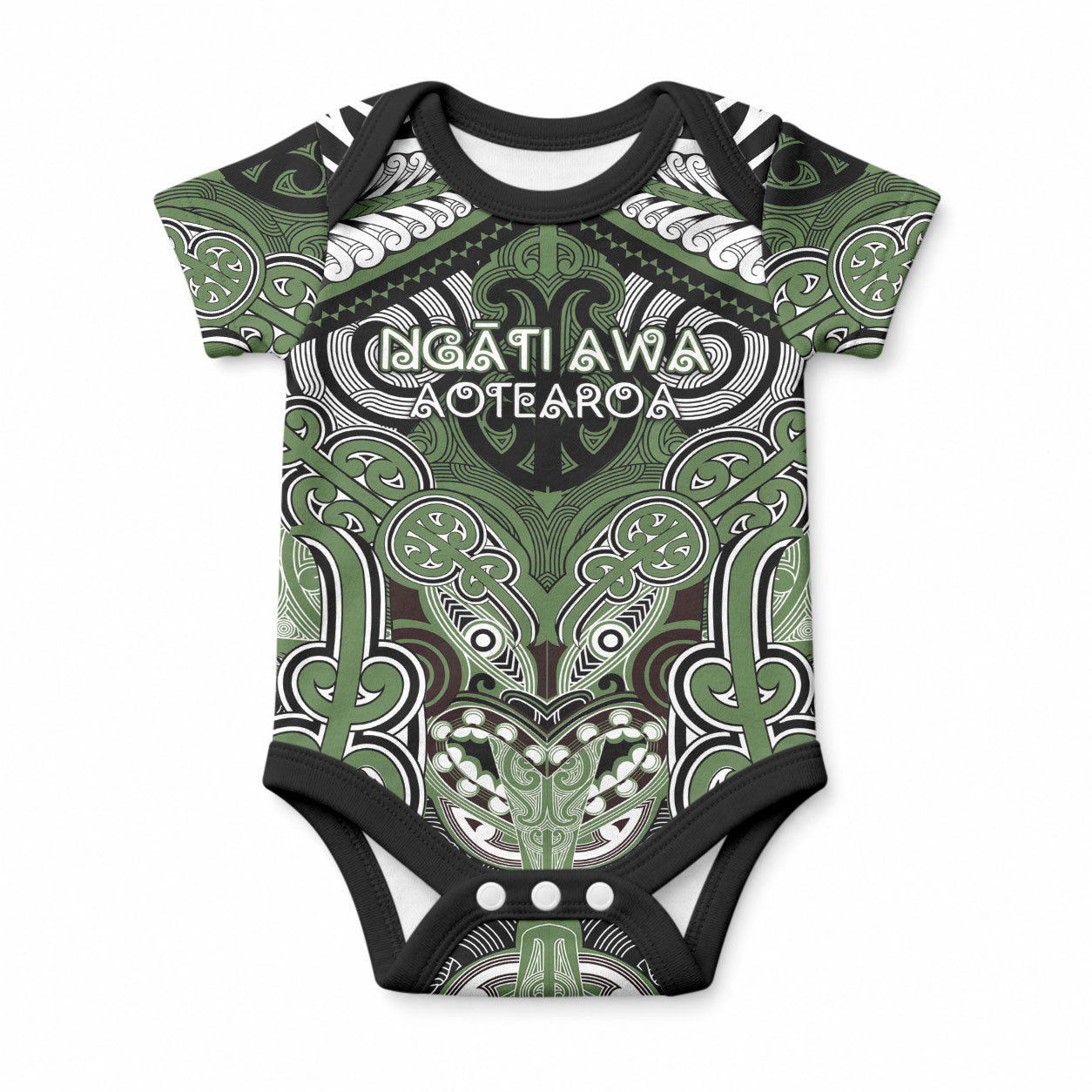 Aotearoa Iwi Ngati Awa Personalised Baby Onesie Maori Kowhaiwhai Pattern LT19 Green - Polynesian Pride