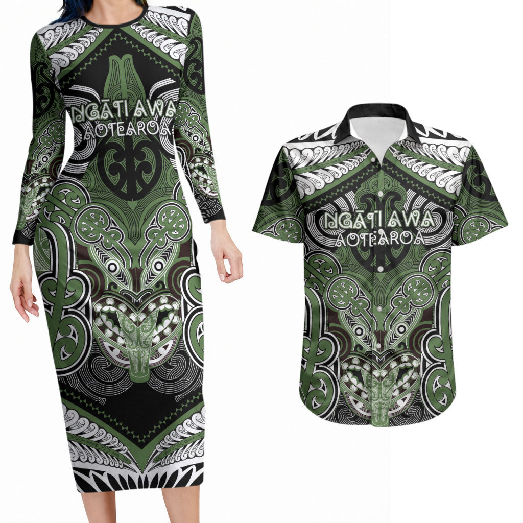 Aotearoa Iwi Ngati Awa Personalised Couples Matching Long Sleeve Bodycon Dress and Hawaiian Shirt Maori Kowhaiwhai Pattern LT19 Green - Polynesian Pride