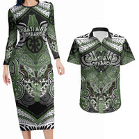 Aotearoa Iwi Ngati Awa Personalised Couples Matching Long Sleeve Bodycon Dress and Hawaiian Shirt Maori Kowhaiwhai Pattern LT19 Green - Polynesian Pride