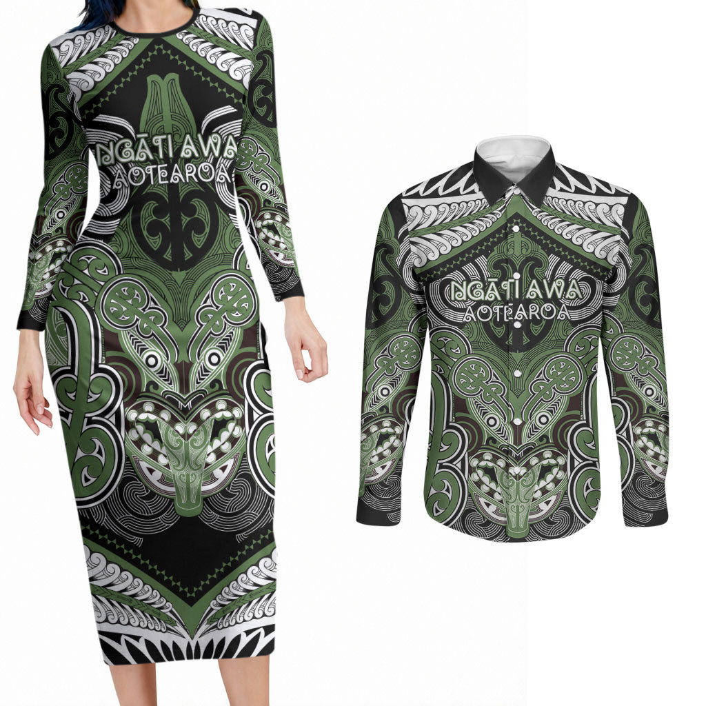 Aotearoa Iwi Ngati Awa Personalised Couples Matching Long Sleeve Bodycon Dress and Long Sleeve Button Shirt Maori Kowhaiwhai Pattern LT19 Green - Polynesian Pride