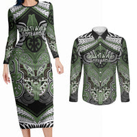 Aotearoa Iwi Ngati Awa Personalised Couples Matching Long Sleeve Bodycon Dress and Long Sleeve Button Shirt Maori Kowhaiwhai Pattern LT19 Green - Polynesian Pride