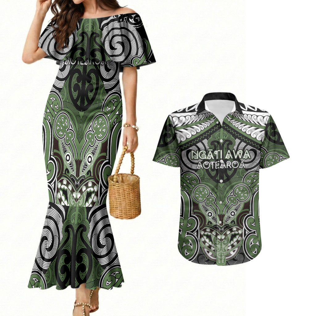 Aotearoa Iwi Ngati Awa Personalised Couples Matching Mermaid Dress and Hawaiian Shirt Maori Kowhaiwhai Pattern LT19 Green - Polynesian Pride