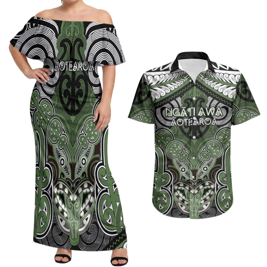 Aotearoa Iwi Ngati Awa Personalised Couples Matching Off Shoulder Maxi Dress and Hawaiian Shirt Maori Kowhaiwhai Pattern LT19 Green - Polynesian Pride