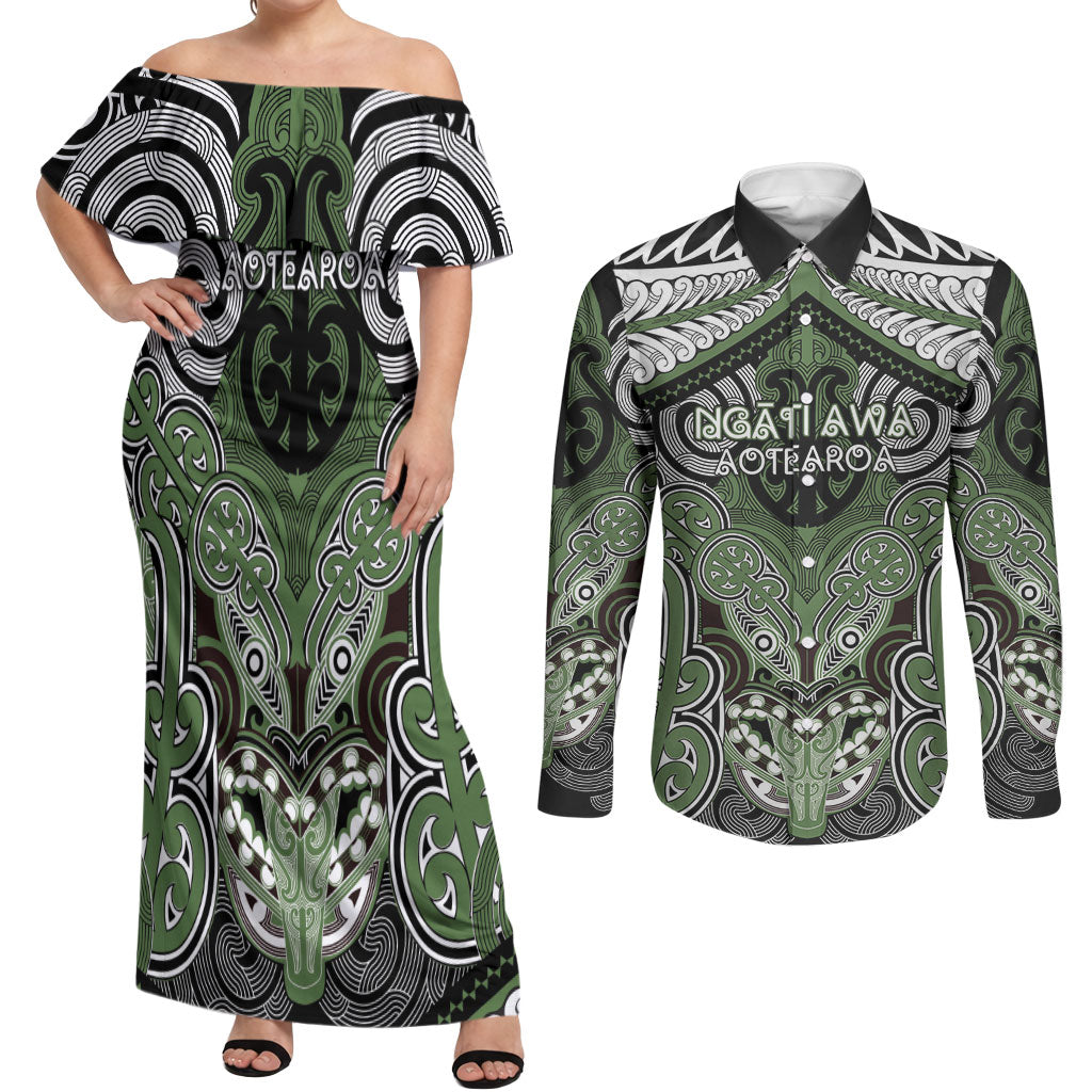 Aotearoa Iwi Ngati Awa Personalised Couples Matching Off Shoulder Maxi Dress and Long Sleeve Button Shirt Maori Kowhaiwhai Pattern LT19 Green - Polynesian Pride