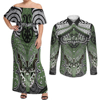 Aotearoa Iwi Ngati Awa Personalised Couples Matching Off Shoulder Maxi Dress and Long Sleeve Button Shirt Maori Kowhaiwhai Pattern LT19 Green - Polynesian Pride
