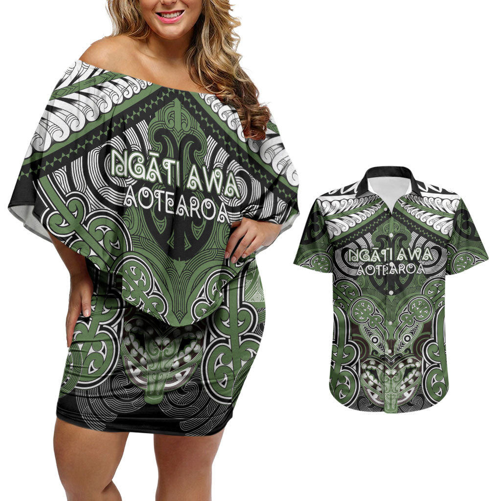 Aotearoa Iwi Ngati Awa Personalised Couples Matching Off Shoulder Short Dress and Hawaiian Shirt Maori Kowhaiwhai Pattern LT19 Green - Polynesian Pride