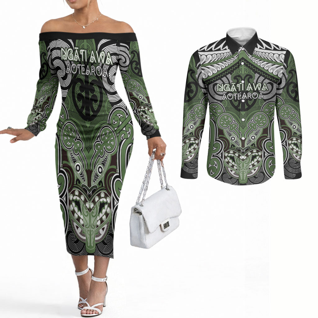 Aotearoa Iwi Ngati Awa Personalised Couples Matching Off The Shoulder Long Sleeve Dress and Long Sleeve Button Shirt Maori Kowhaiwhai Pattern LT19 Green - Polynesian Pride