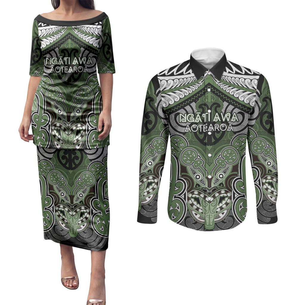 Aotearoa Iwi Ngati Awa Personalised Couples Matching Puletasi and Long Sleeve Button Shirt Maori Kowhaiwhai Pattern LT19 Green - Polynesian Pride
