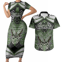 Aotearoa Iwi Ngati Awa Personalised Couples Matching Short Sleeve Bodycon Dress and Hawaiian Shirt Maori Kowhaiwhai Pattern LT19 Green - Polynesian Pride