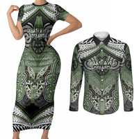 Aotearoa Iwi Ngati Awa Personalised Couples Matching Short Sleeve Bodycon Dress and Long Sleeve Button Shirt Maori Kowhaiwhai Pattern LT19 Green - Polynesian Pride