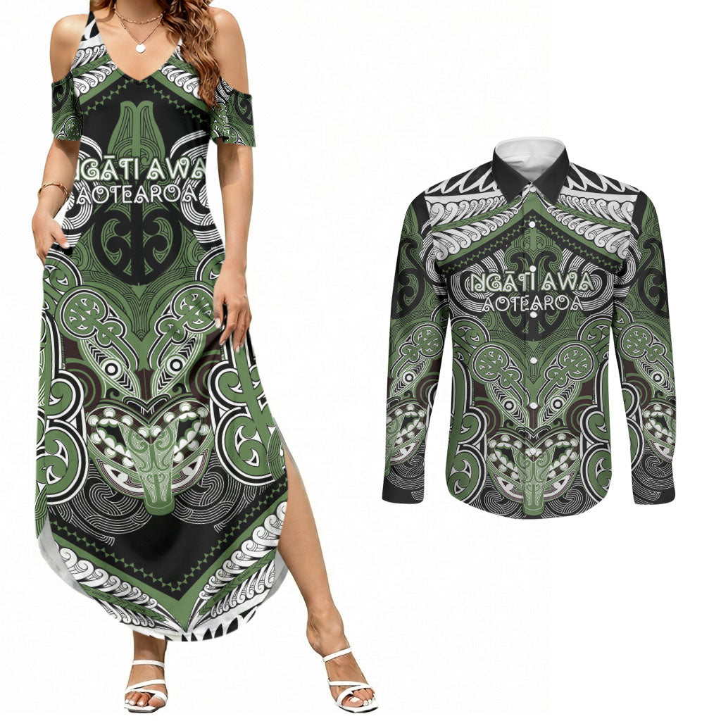 Aotearoa Iwi Ngati Awa Personalised Couples Matching Summer Maxi Dress and Long Sleeve Button Shirt Maori Kowhaiwhai Pattern LT19 Green - Polynesian Pride