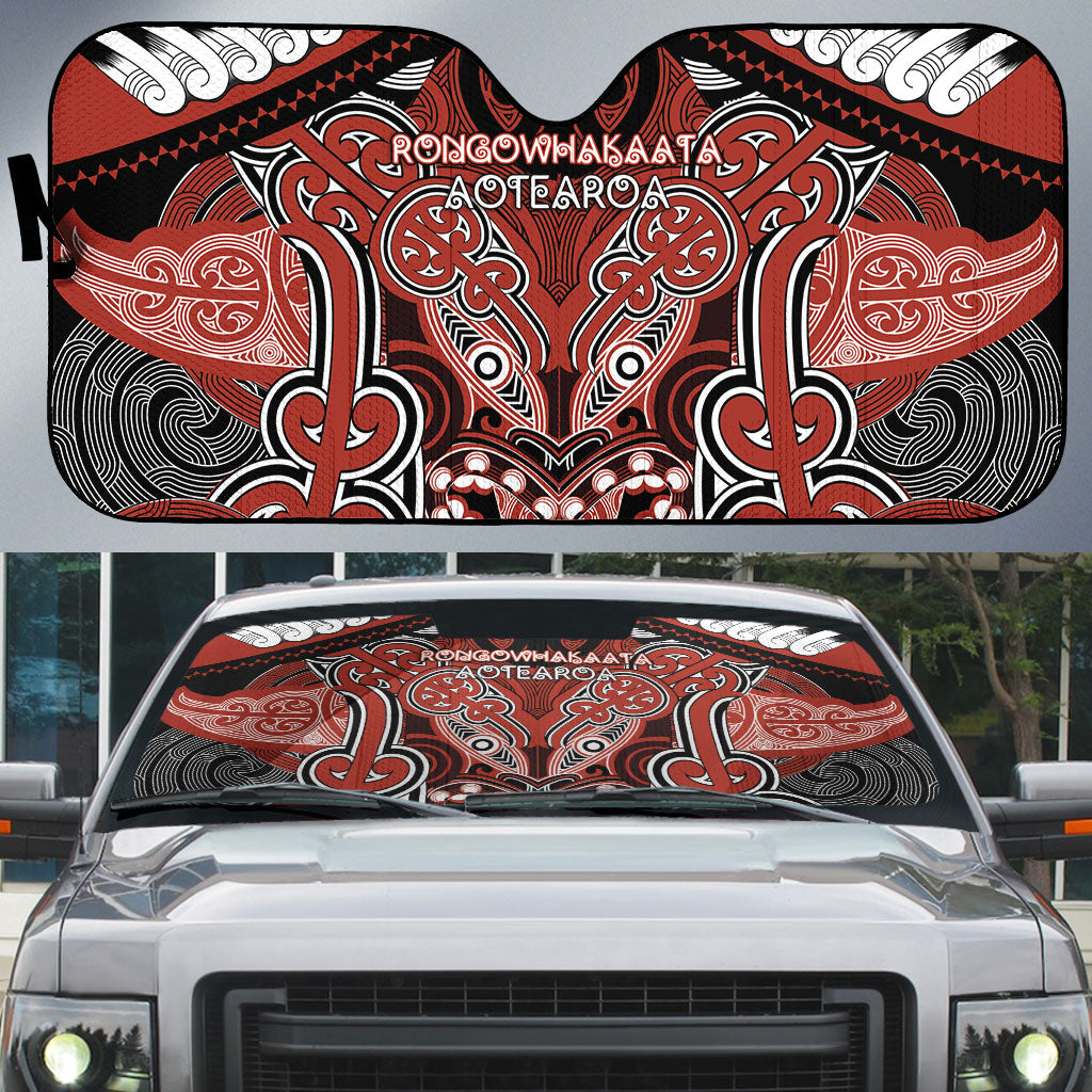 Aotearoa Iwi Rongowhakaata Auto Sun Shade Maori Kowhaiwhai Pattern LT19 Red - Polynesian Pride