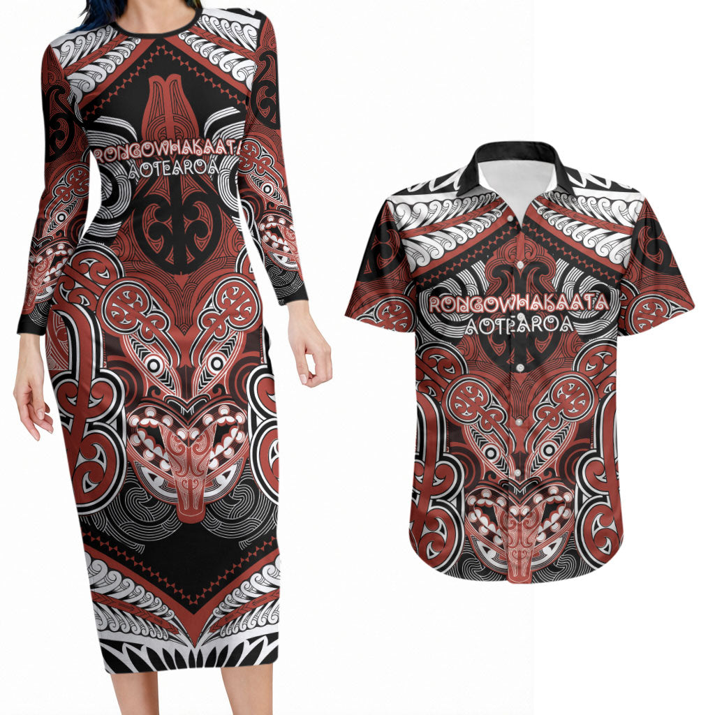 Aotearoa Iwi Rongowhakaata Personalised Couples Matching Long Sleeve Bodycon Dress and Hawaiian Shirt Maori Kowhaiwhai Pattern LT19 Red - Polynesian Pride