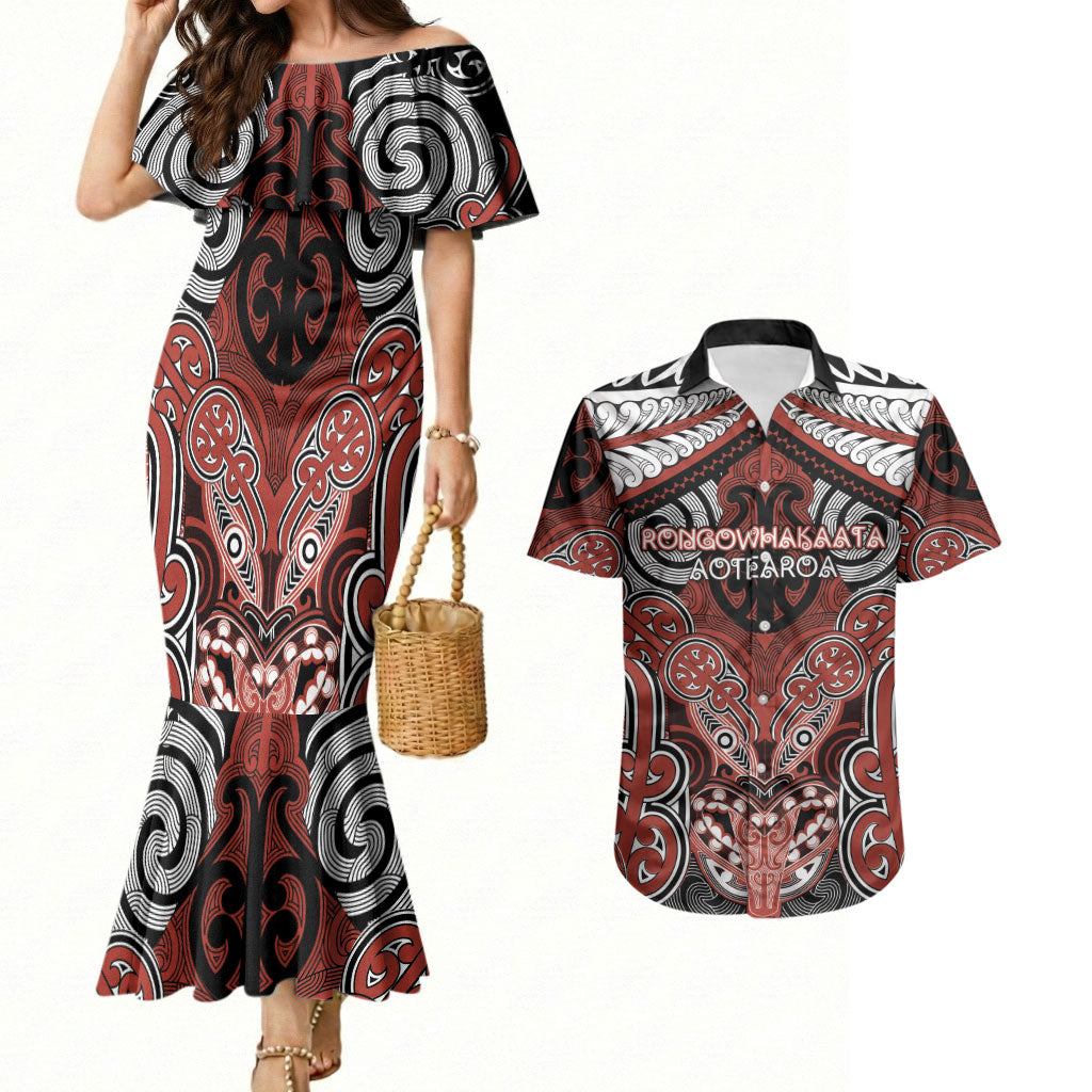 Aotearoa Iwi Rongowhakaata Personalised Couples Matching Mermaid Dress and Hawaiian Shirt Maori Kowhaiwhai Pattern LT19 Red - Polynesian Pride