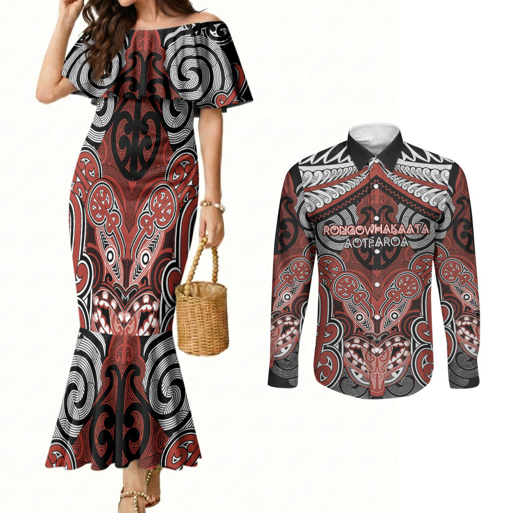 Aotearoa Iwi Rongowhakaata Personalised Couples Matching Mermaid Dress and Long Sleeve Button Shirt Maori Kowhaiwhai Pattern LT19 Red - Polynesian Pride