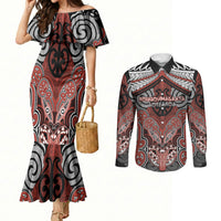 Aotearoa Iwi Rongowhakaata Personalised Couples Matching Mermaid Dress and Long Sleeve Button Shirt Maori Kowhaiwhai Pattern LT19 Red - Polynesian Pride