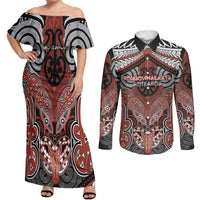 Aotearoa Iwi Rongowhakaata Personalised Couples Matching Off Shoulder Maxi Dress and Long Sleeve Button Shirt Maori Kowhaiwhai Pattern LT19 Red - Polynesian Pride