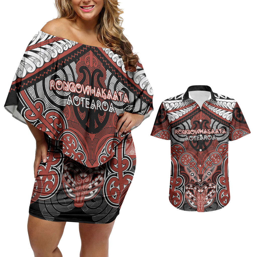 Aotearoa Iwi Rongowhakaata Personalised Couples Matching Off Shoulder Short Dress and Hawaiian Shirt Maori Kowhaiwhai Pattern LT19 Red - Polynesian Pride