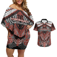 Aotearoa Iwi Rongowhakaata Personalised Couples Matching Off Shoulder Short Dress and Hawaiian Shirt Maori Kowhaiwhai Pattern LT19 Red - Polynesian Pride
