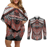 Aotearoa Iwi Rongowhakaata Personalised Couples Matching Off Shoulder Short Dress and Long Sleeve Button Shirt Maori Kowhaiwhai Pattern LT19 Red - Polynesian Pride