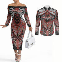 Aotearoa Iwi Rongowhakaata Personalised Couples Matching Off The Shoulder Long Sleeve Dress and Long Sleeve Button Shirt Maori Kowhaiwhai Pattern LT19 Red - Polynesian Pride