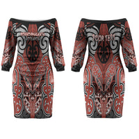 Aotearoa Iwi Rongowhakaata Personalised Couples Matching Off The Shoulder Long Sleeve Dress and Long Sleeve Button Shirt Maori Kowhaiwhai Pattern LT19 - Polynesian Pride