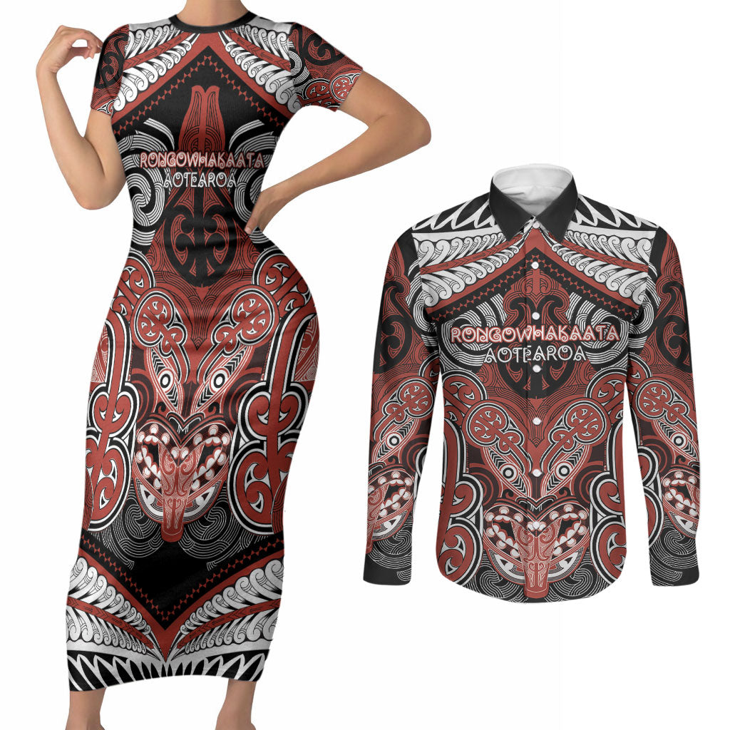 Aotearoa Iwi Rongowhakaata Personalised Couples Matching Short Sleeve Bodycon Dress and Long Sleeve Button Shirt Maori Kowhaiwhai Pattern LT19 Red - Polynesian Pride