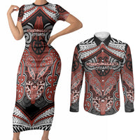 Aotearoa Iwi Rongowhakaata Personalised Couples Matching Short Sleeve Bodycon Dress and Long Sleeve Button Shirt Maori Kowhaiwhai Pattern LT19 Red - Polynesian Pride