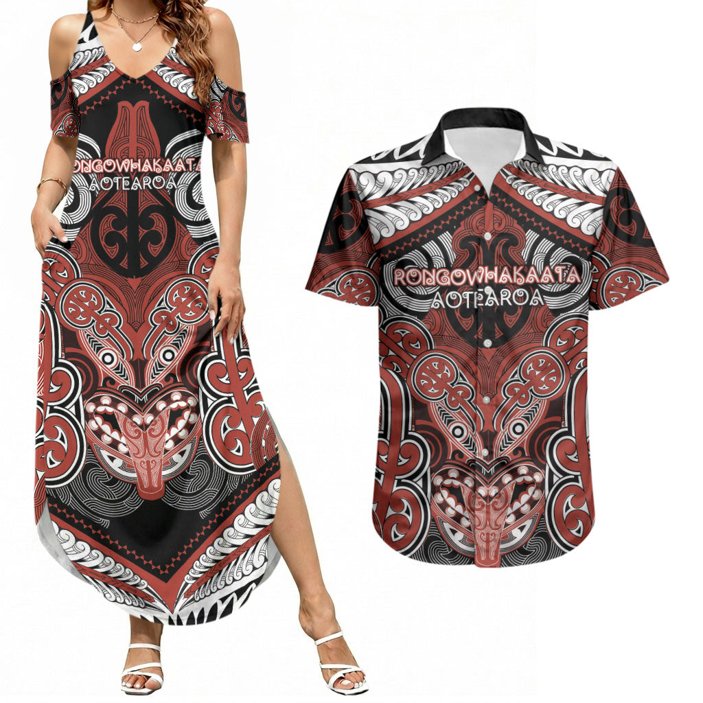 Aotearoa Iwi Rongowhakaata Personalised Couples Matching Summer Maxi Dress and Hawaiian Shirt Maori Kowhaiwhai Pattern LT19 Red - Polynesian Pride