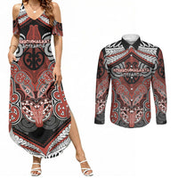 Aotearoa Iwi Rongowhakaata Personalised Couples Matching Summer Maxi Dress and Long Sleeve Button Shirt Maori Kowhaiwhai Pattern LT19 Red - Polynesian Pride