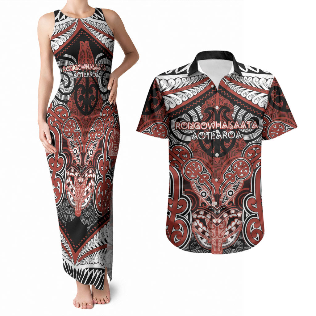 Aotearoa Iwi Rongowhakaata Personalised Couples Matching Tank Maxi Dress and Hawaiian Shirt Maori Kowhaiwhai Pattern LT19 Red - Polynesian Pride