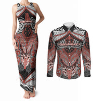 Aotearoa Iwi Rongowhakaata Personalised Couples Matching Tank Maxi Dress and Long Sleeve Button Shirt Maori Kowhaiwhai Pattern LT19 Red - Polynesian Pride