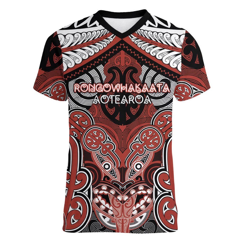 Aotearoa Iwi Rongowhakaata Personalised Women V-Neck T-Shirt Maori Kowhaiwhai Pattern LT19 Female Red - Polynesian Pride