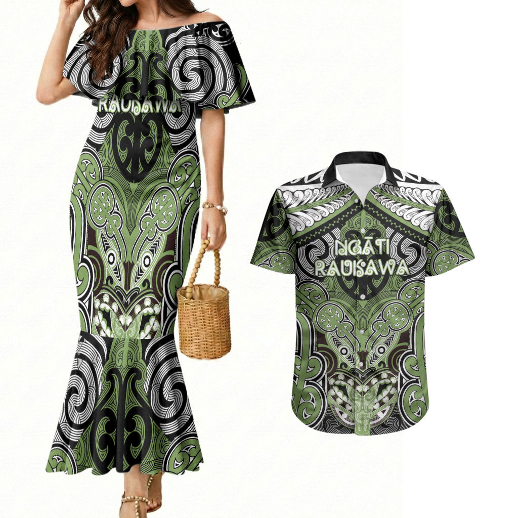 Aotearoa Iwi Ngati Raukawa Personalised Couples Matching Mermaid Dress and Hawaiian Shirt Maori Kowhaiwhai Pattern LT19 Green - Polynesian Pride