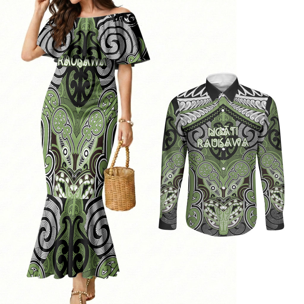 Aotearoa Iwi Ngati Raukawa Personalised Couples Matching Mermaid Dress and Long Sleeve Button Shirt Maori Kowhaiwhai Pattern LT19 Green - Polynesian Pride